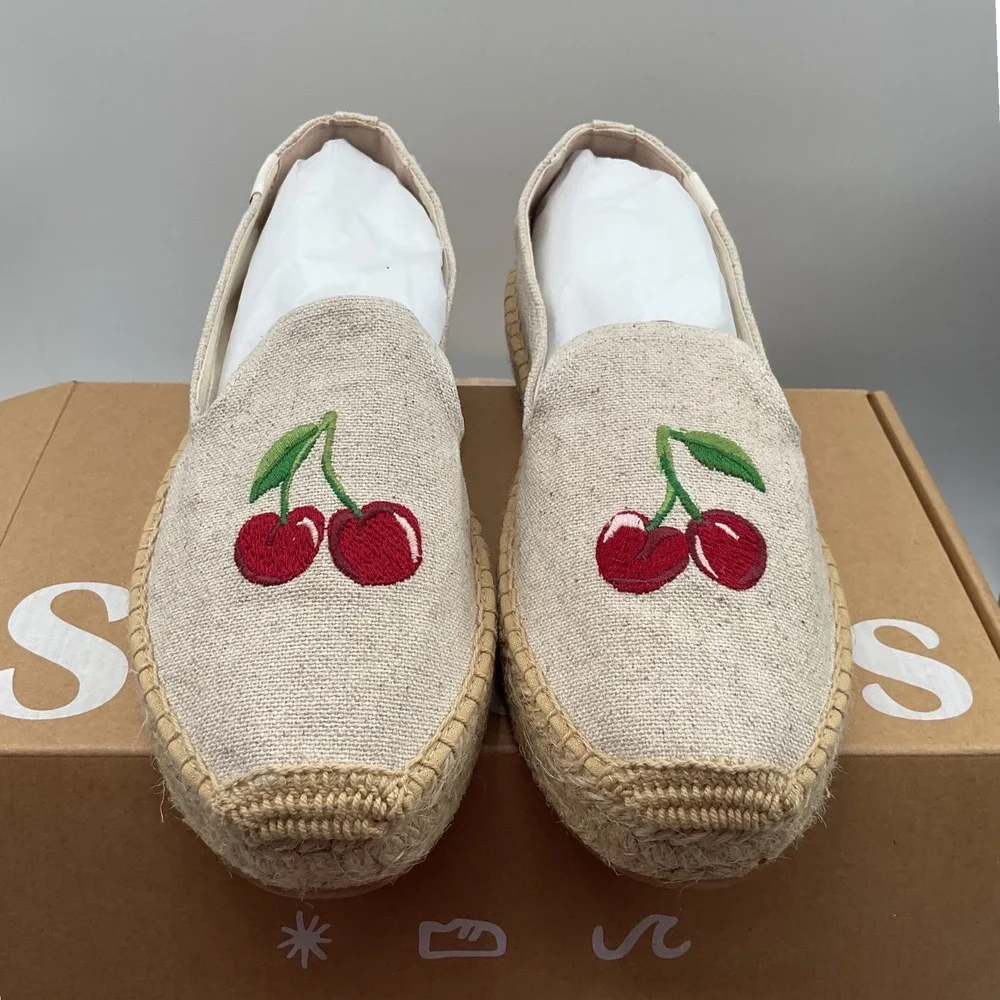 Soludos Cherry On Top Platform Espadrille Sand Linen Embroidered Shoes Womens 9